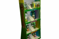 Floor display featuring litho-laminated tray and header with direct print base. Friction-based dividers inserted into tray allows multiple SKUS for purchase.